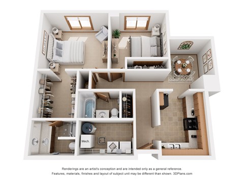 Floor plan for 2 beds, 2 baths, 794 sqft